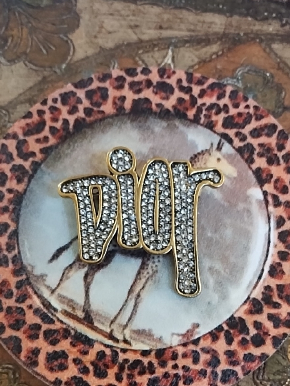 Dior Gold-Tone Logo Pin with Rhinestones